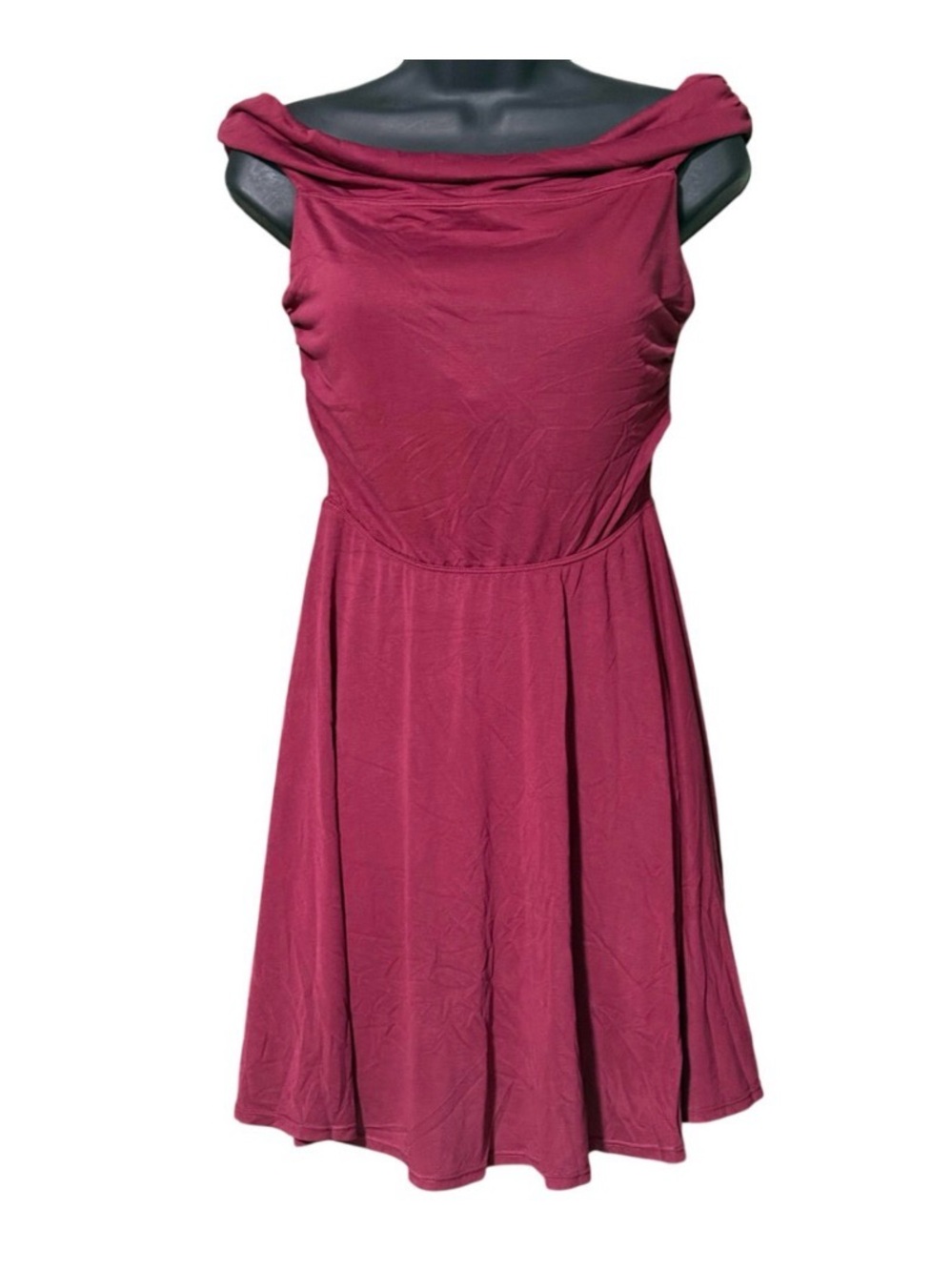 Halara Women's Off-Shoulder Fit & Flare Mini Burgundy Dress Bra Built In Small